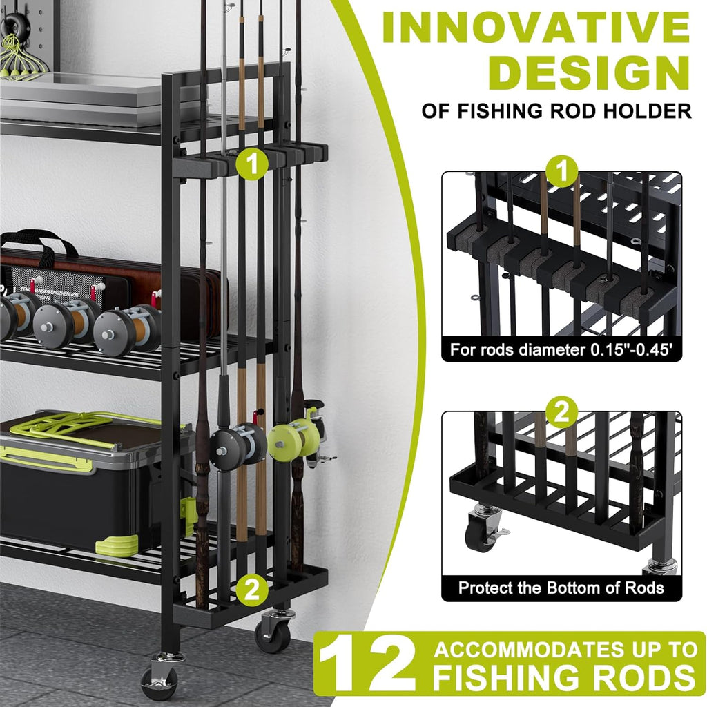 Fishing Rod Holders for Garage, Fishing Rod Stand with Wheels and Pegboard, 3-Tier Pole Storage Rack with 8 Hooks and