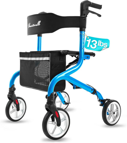 Super Lightweight Rollator Walker for Seniors, Foldable Rolling Walker with Seat and 8" Rubber Wheels for All
