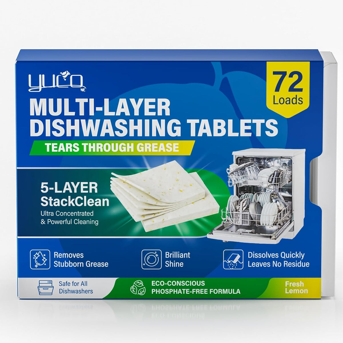 Dishwasher Detergent Tablets 72 Count: 5 Layer Powerful Dishwasher Detergent Eco-Friendly No Plastic Liquid-Free Dish
