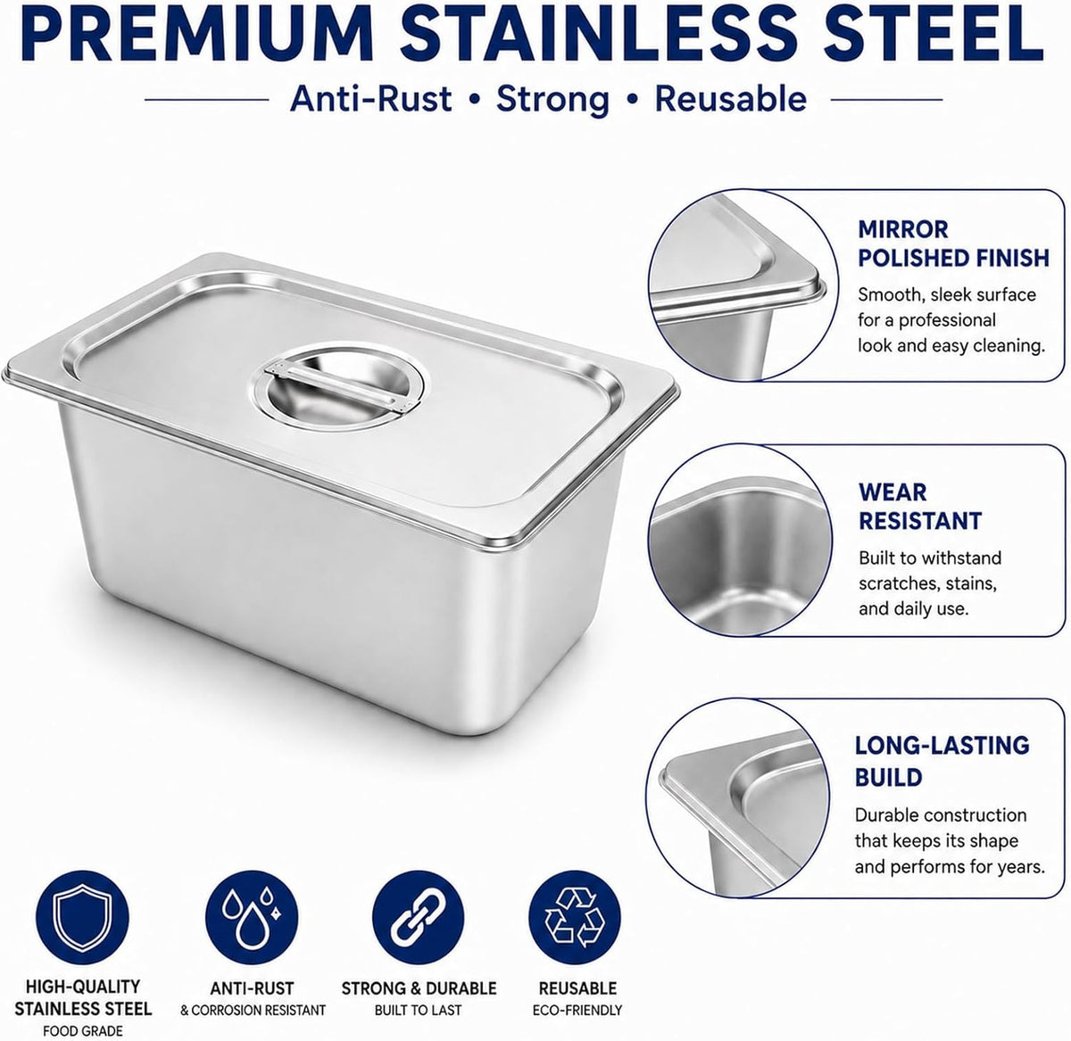 Hotel Pans with Lids,4 Pack 1/3 Size 6"Deep Stainless Steel Steam Table Pan
