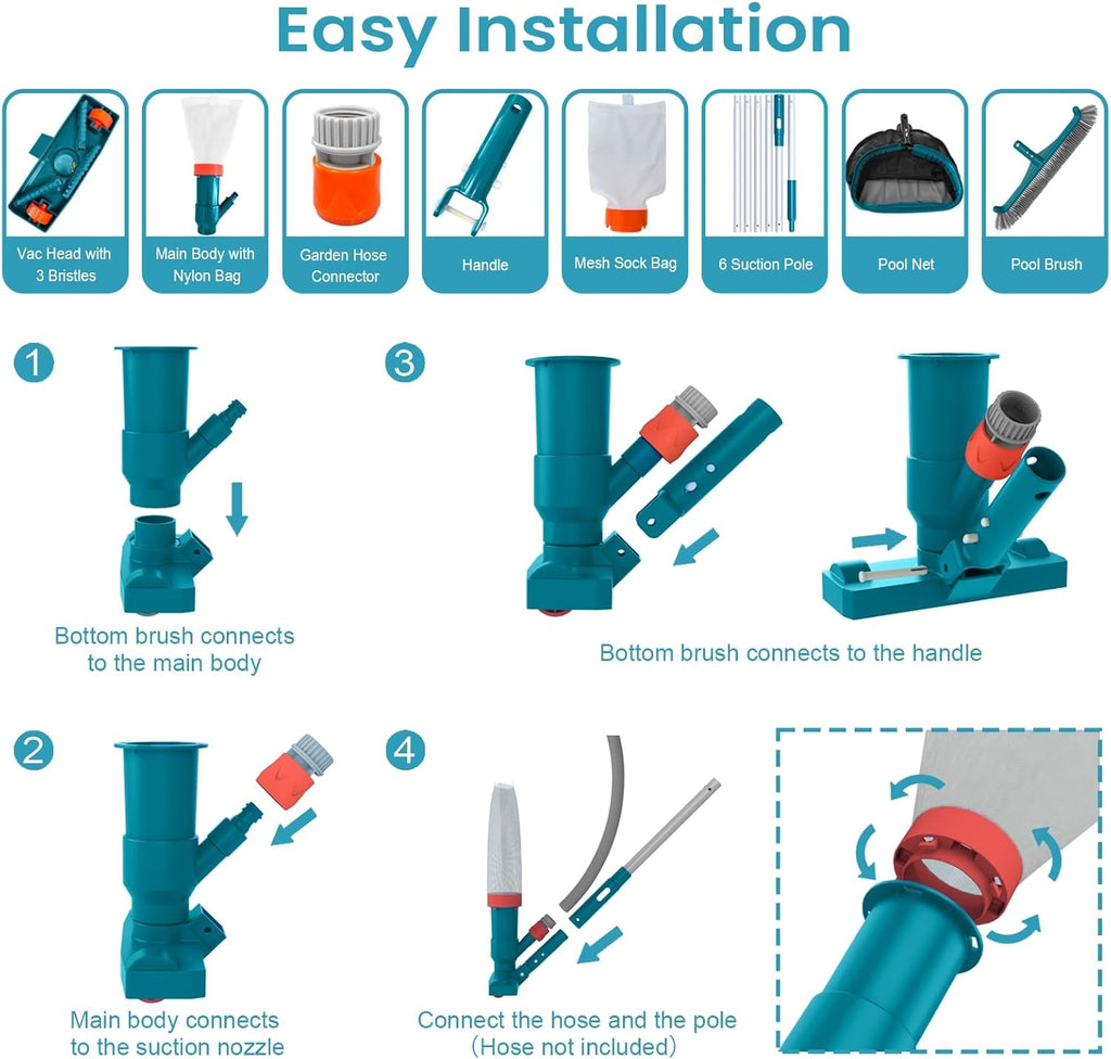 Above Ground Pool Cleaning Kit with Garden Hose Pool Vacuum, Aluminum Frame Leaf Rake Net, Wall Brush and 8Ft Pole
