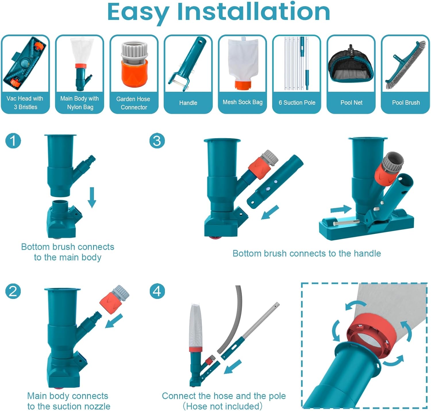 Above Ground Pool Cleaning Kit with Garden Hose Pool Vacuum, Aluminum Frame Leaf Rake Net, Wall Brush and 8Ft Pole