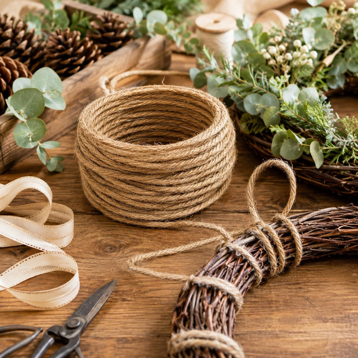 32 Ft Wired Jute Twine, Bendable Wired Twine forWreaths and DIY