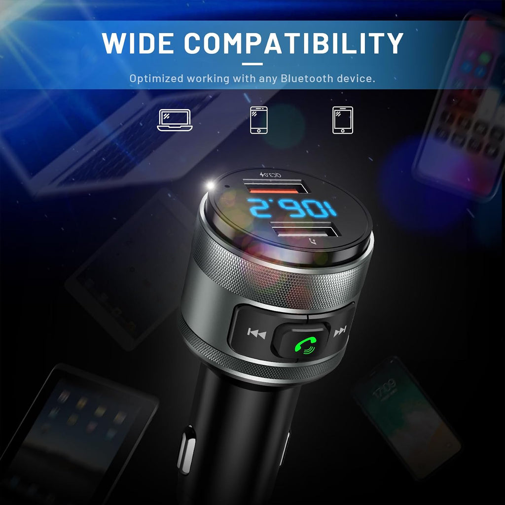 Bluetooth 6.0 FM Transmitter for Car Adapter with MP3 Player | Hands-Free Calls, CVC Noise Reduction, QC 3.0 Charger