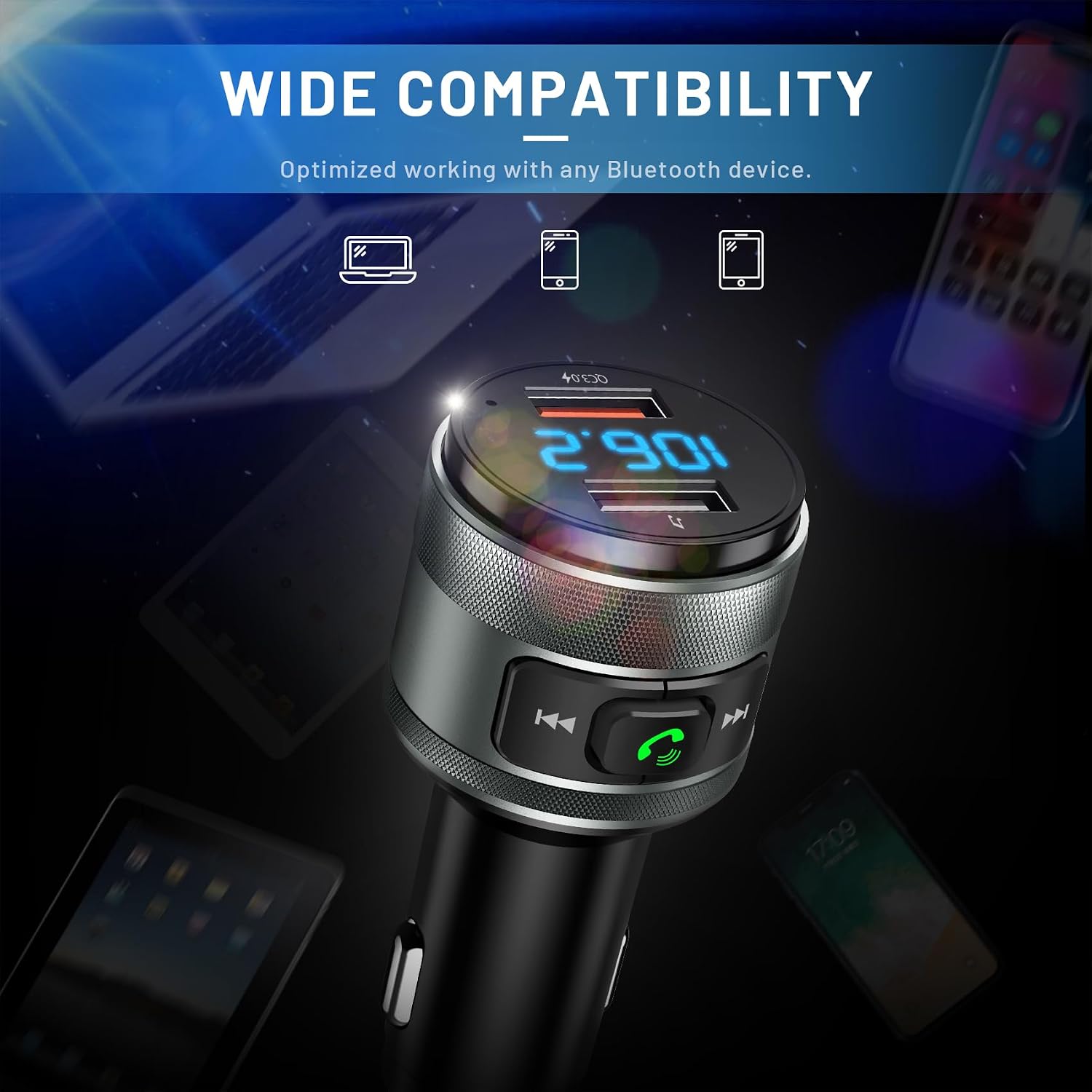 Bluetooth 6.0 FM Transmitter for Car Adapter with MP3 Player | Hands-Free Calls, CVC Noise Reduction, QC 3.0 Charger