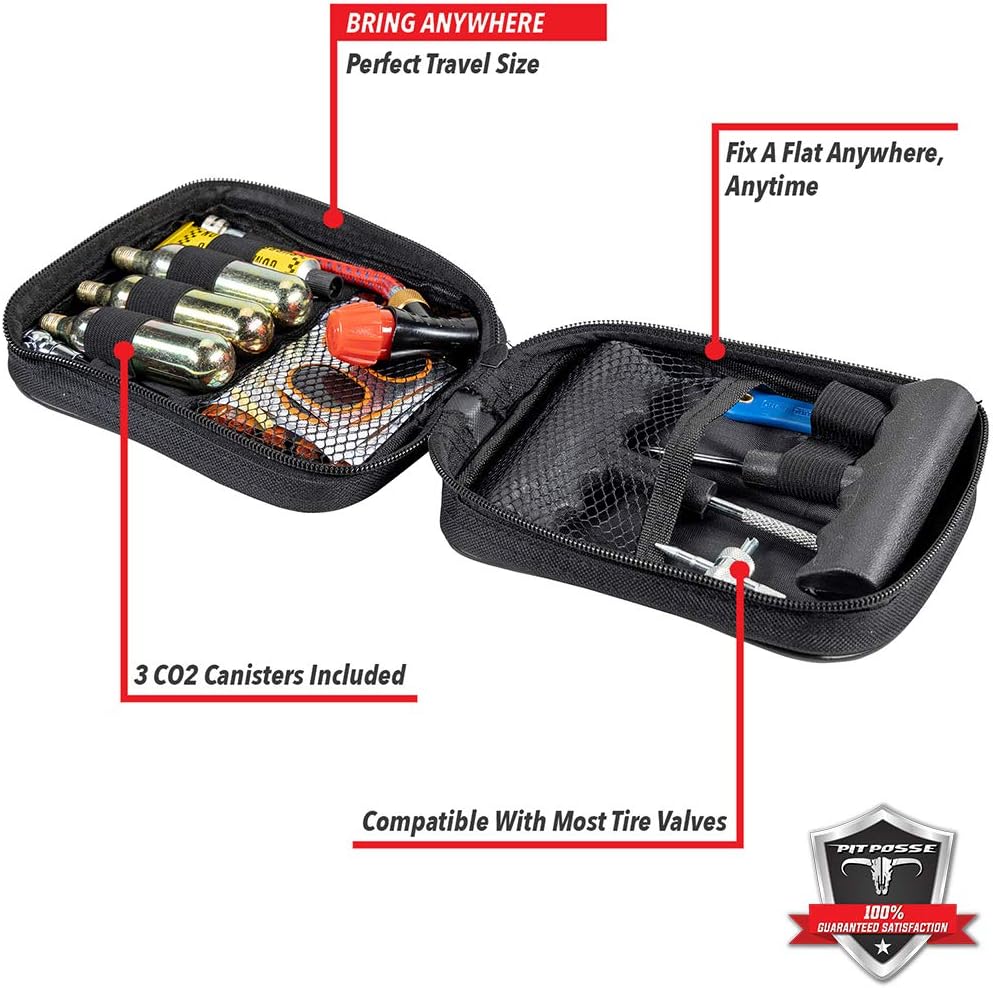 PP3167 Motorcycle Tire Repair Kit with Co2 Inflator and Cartridges for Tube and Tubeless Tires, Emergency Roadside