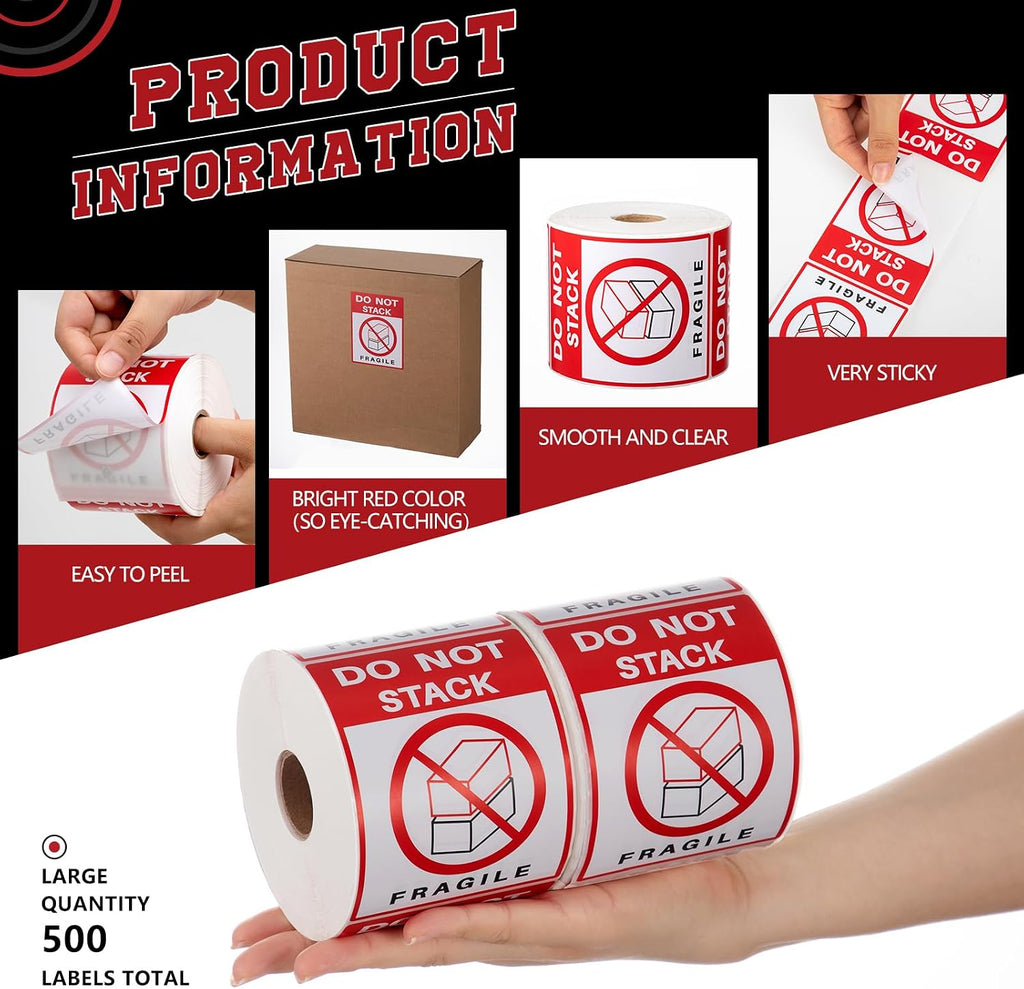1 Rolls 3" x 4" 500 Labels Do Not Stack Stickers, Heavy Duty Warning Labels for Shipping Boxes, Fragile Packages &