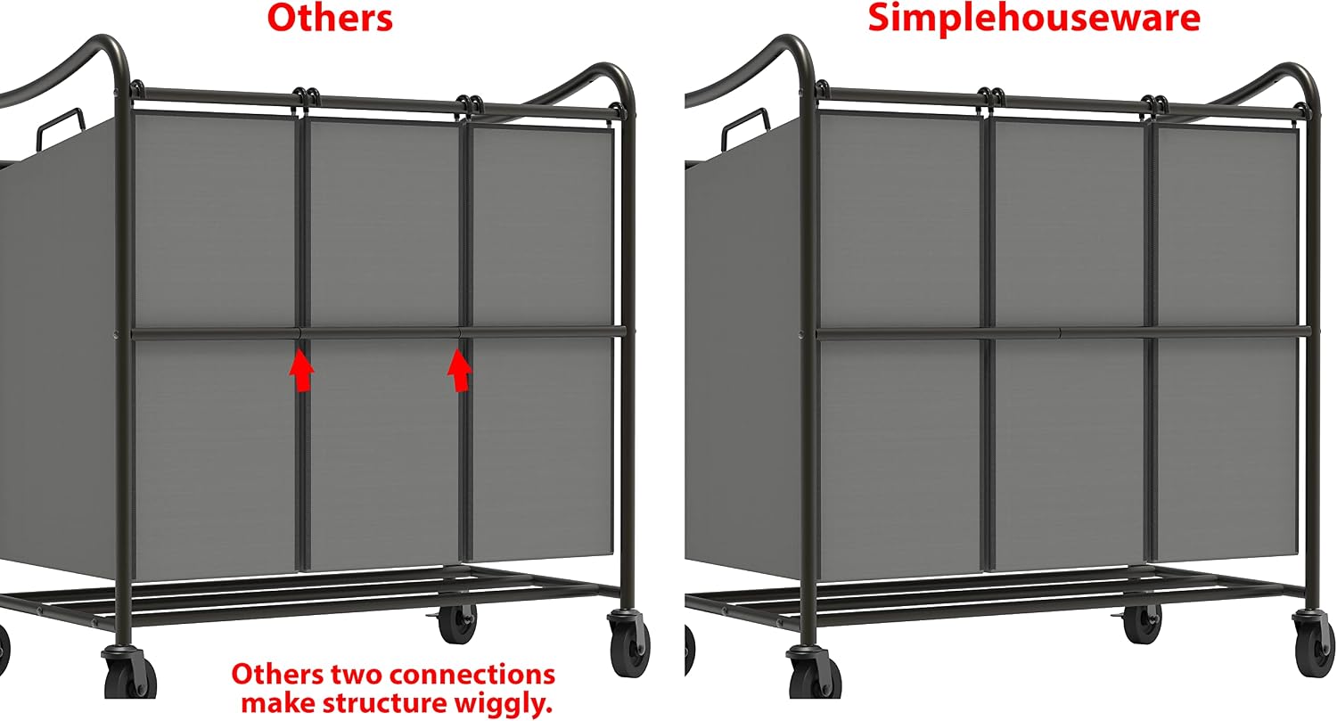 Heavy Duty 3-Bag Laundry Sorter Rolling Cart, Dark Grey | Removable Bags and Lockable Wheels for Laundry Room