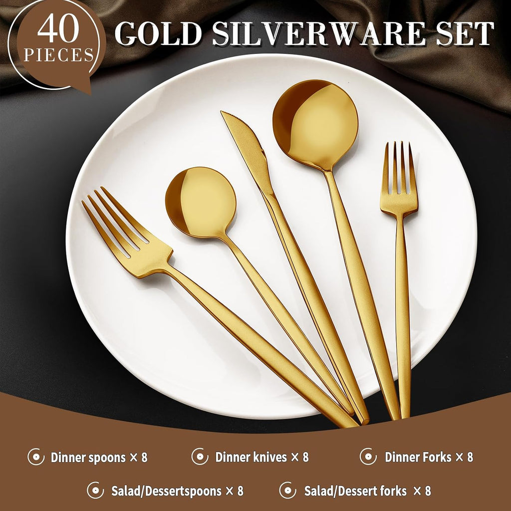40-Piece Gold Silverware Set for 8, Stainless Steel Flatware Set