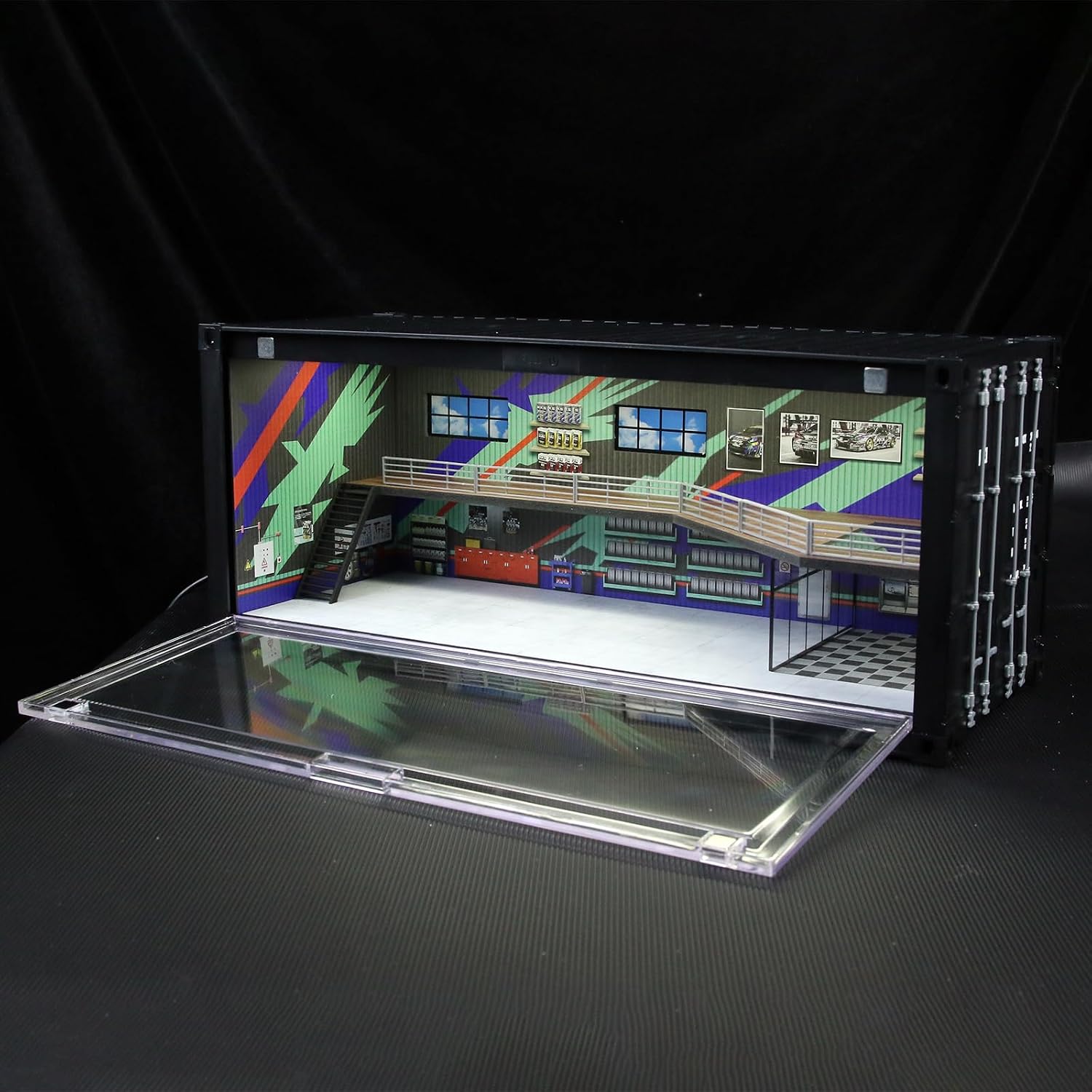 1/64 Scale Display Case with LED Light–Container Box Style Garage Diorama | Compatible with Hot Wheels Matchbox Mini