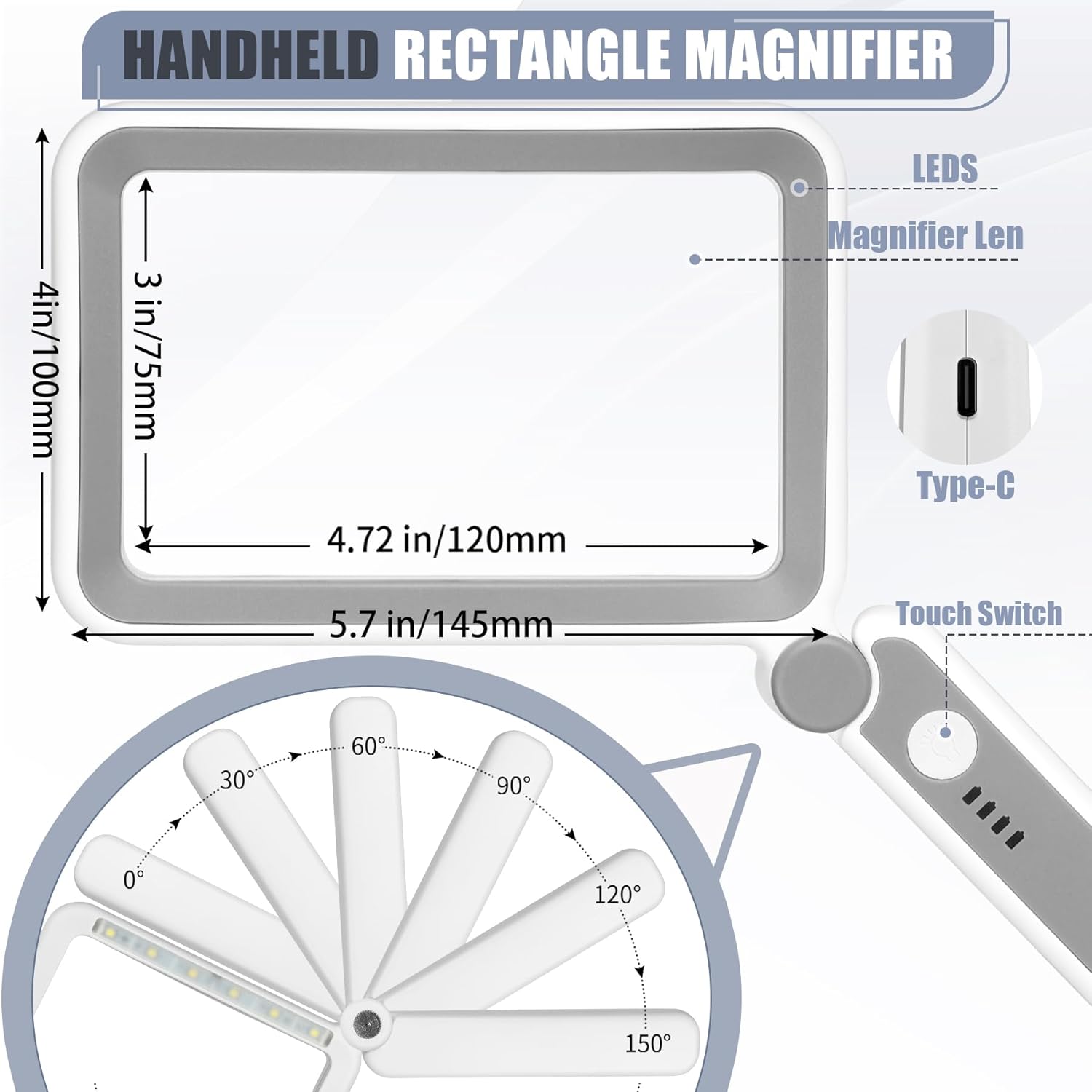 Magnifying Glass with Light, Rechargeable 5X Large Page Magnifier for Reading, Folding Handheld Dimmable, LED Lighted