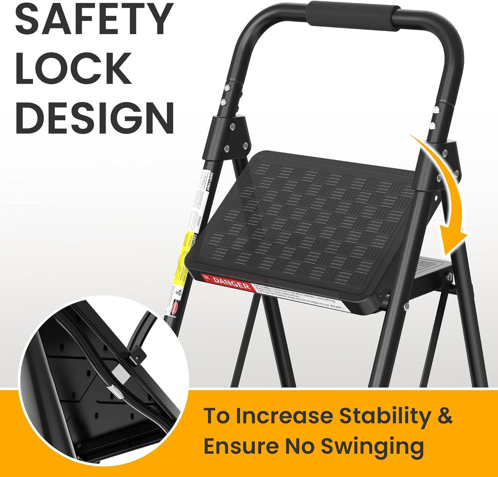 3 Step Ladder, Folding Step Stool with Wide Anti-Slip Pedal, Step Stool Foldable with Cushioned Handle for Home and