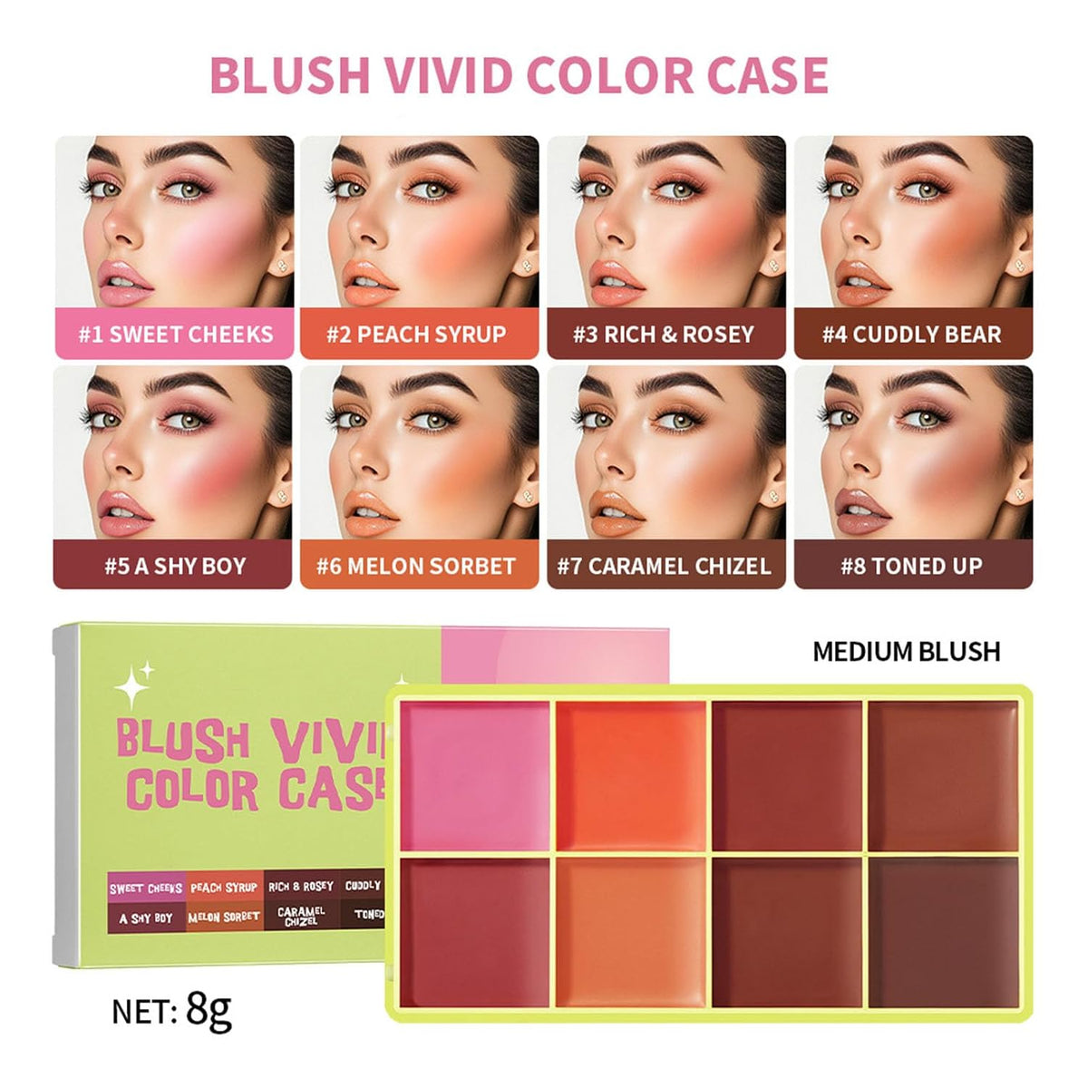 8 Color Cream Blush Palette, Matte Blush, Fine and Smooth Texture, Easy Blend and Buildable Texture,Long-Lasting