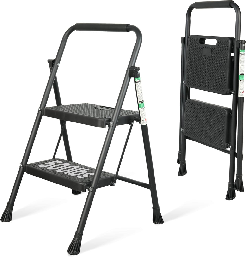 Step Ladder, Portable Steel Folding Step Stool with Wide Anti-Slip Pedal & Convenient Handgrip, Sturdy Steel Ladder