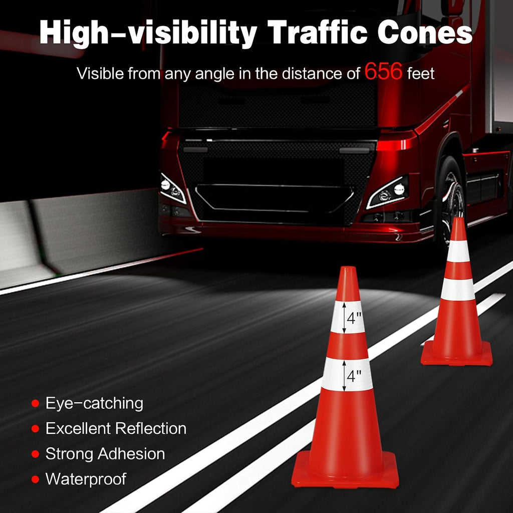 6 Pack PVC Traffic Cones, 28 Inch Traffic Road Parking Cones w/Reflective Collar & Weighted Base, Orange Robust