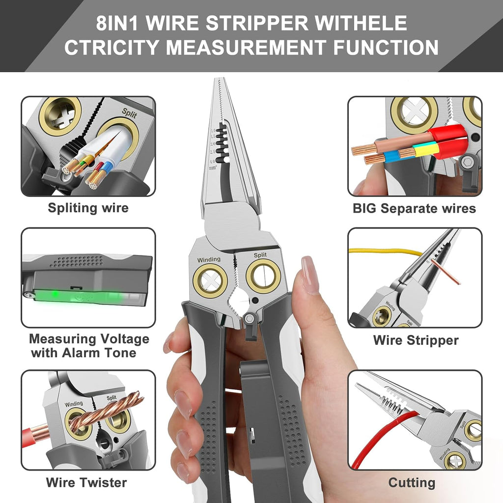 Pro 8-in-1 Wire Stripper/Cutter with Voltage Tester & Dual Alarms - Heavy Duty 12-250V AC/DC Electrical Tester for