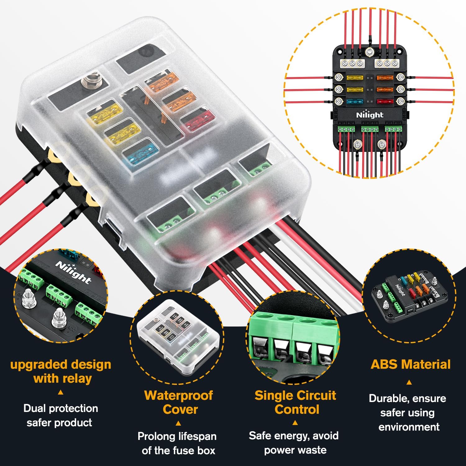 6 Way Fuse Relay Block with Acc Control Negative Bus 12V Blade Holder ATC/ATO Box Label Stickers Waterproof Cover