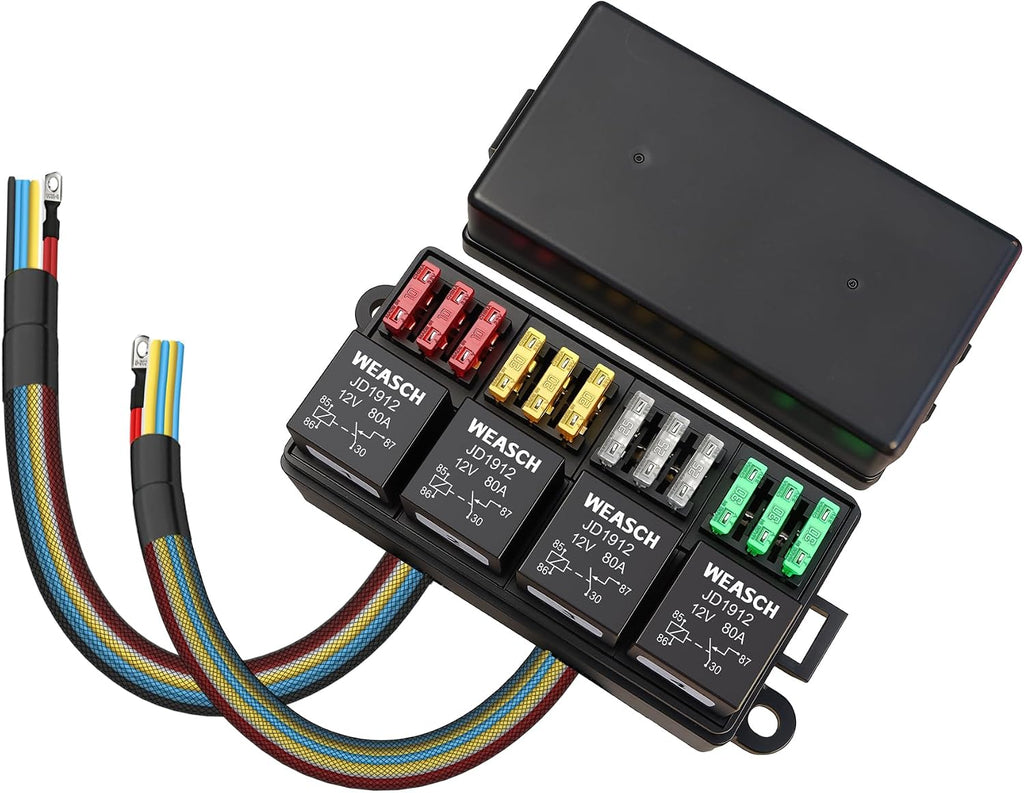 12V 12 Way Pre-Wired Fuse Relay Box Kit with 4 x 80A 4-Pin Relays