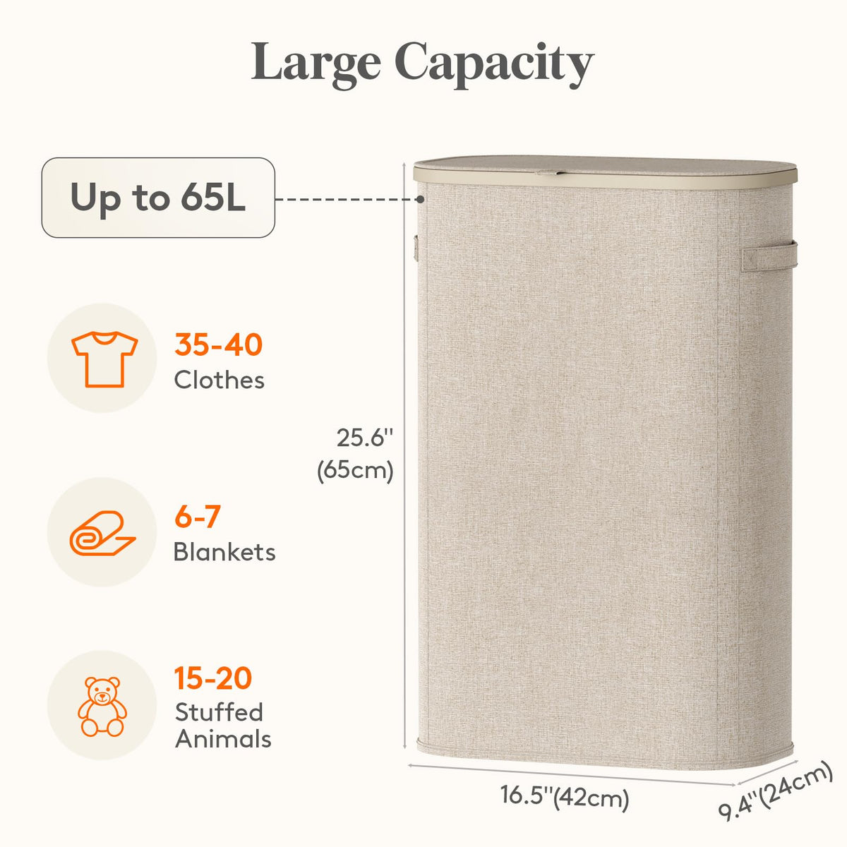 Slim Laundry Basket with Lid and Removable Bag, 65L, Beige