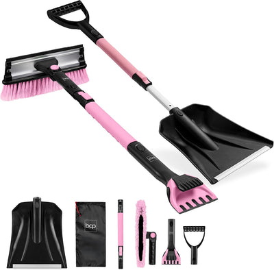 4 in 1 Snow Brush with Shovel, Squeegee & Ice Scraper, Up to 39" Extendable Foam Grip, 270° Pivoting Snow Brush for