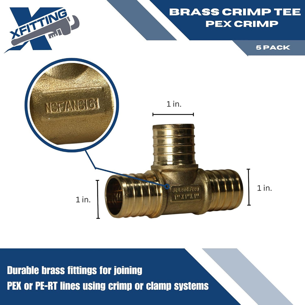 5 Pack XFITTING 1 Inch Pex Tee, 1" Pex B Crimp Tee, Brass