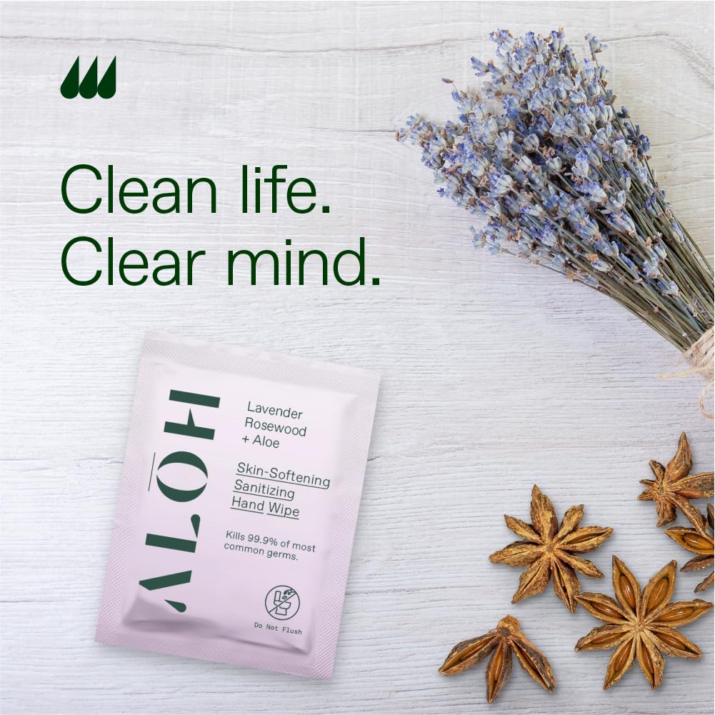 ALŌH Lavender Rosewood + Aloe Hand Sanitizer Wipes Individually Wrapped | Clean Hands, Clear Mind, On The Go, Travel
