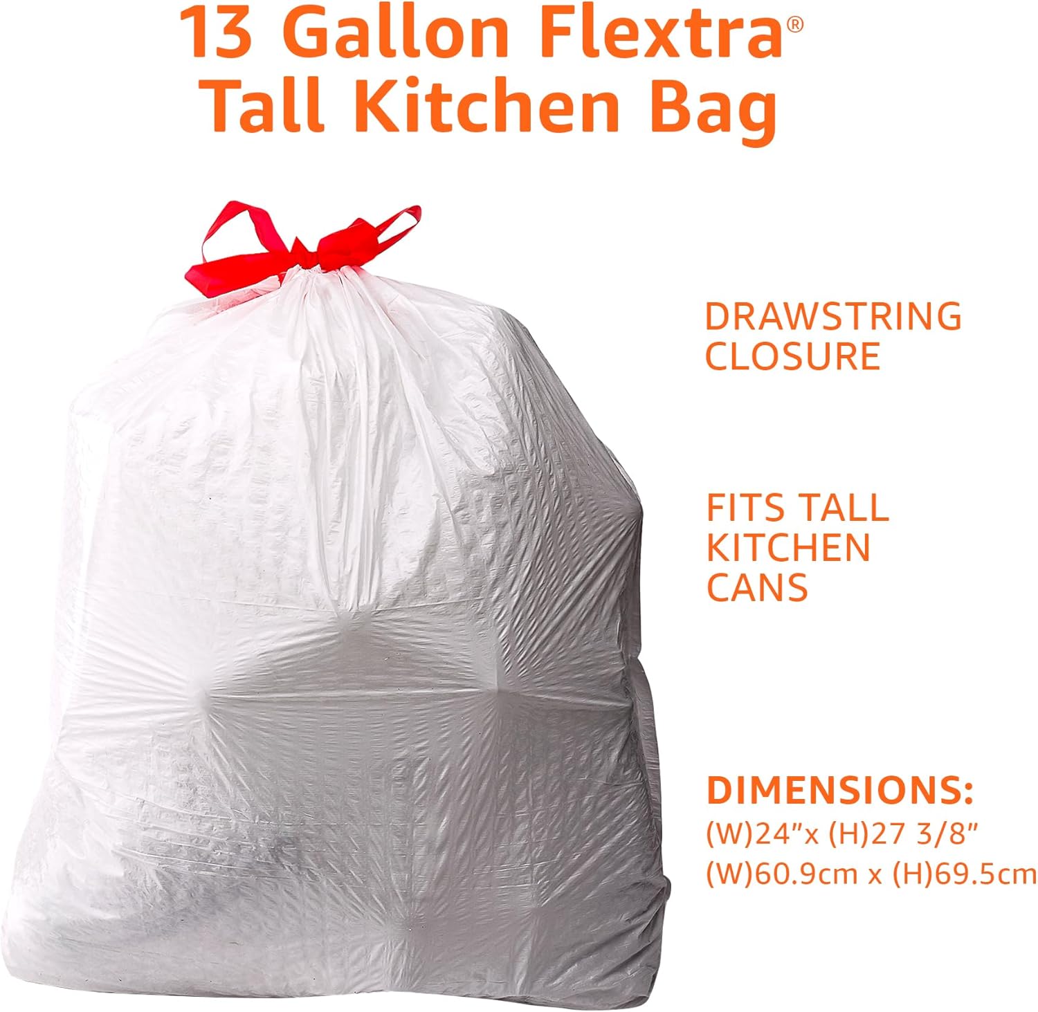 13 Gallon Tall Kitchen Drawstring Trash Bags, Flextra Strength, Tear Resistant, 10% Post Consumer Recycled, 90 Count