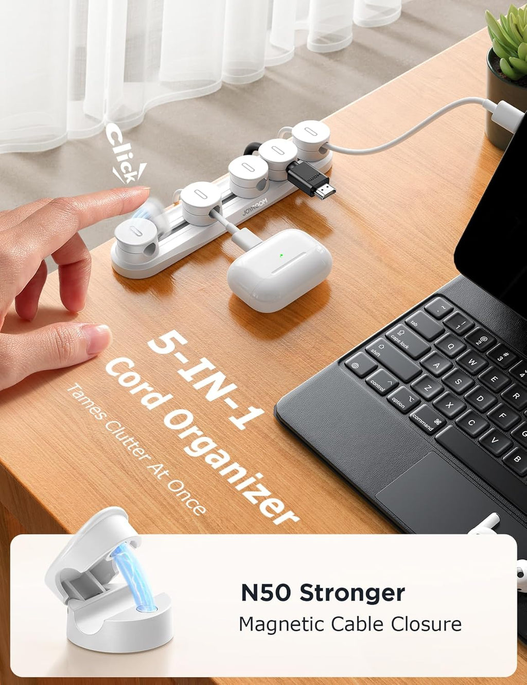 5-in-1 Magnetic Cord Organizer JOYROOM Cable Clips[Adjustable Sliding Track] Under Desk Adhesive Cord Management Wire