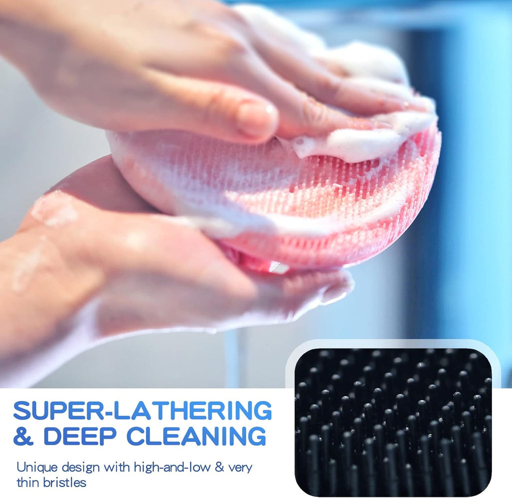 Silicone Back Scrubber(Thick Bristles) & Soft Bath Glove Set, Super-Exfoliating Body Scrubber & Super-Lathering