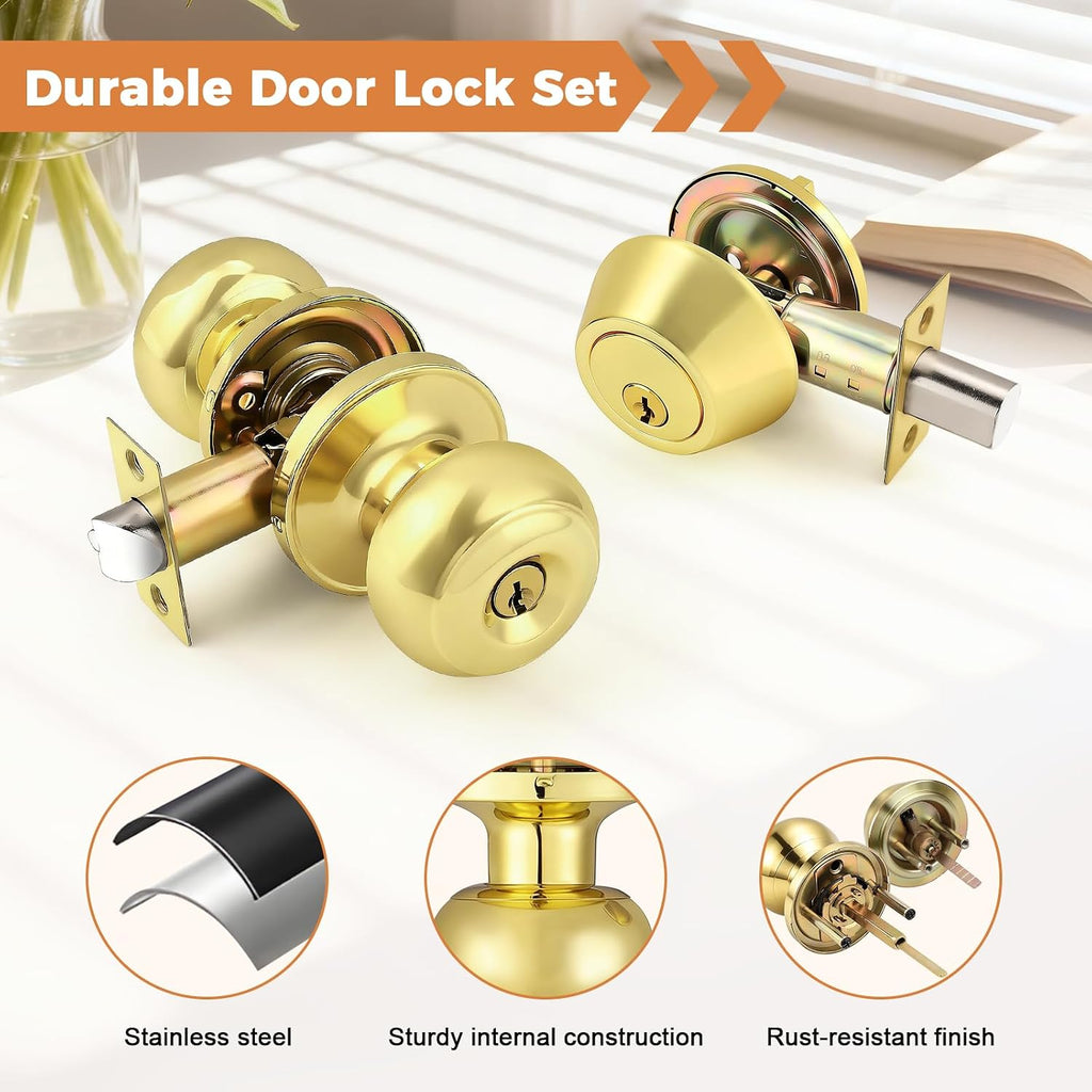 Keyed Entry Door Knobs Exterior Lockset and Single Cylinder Deadbolt Combination Set for Front Door, Polished Brass