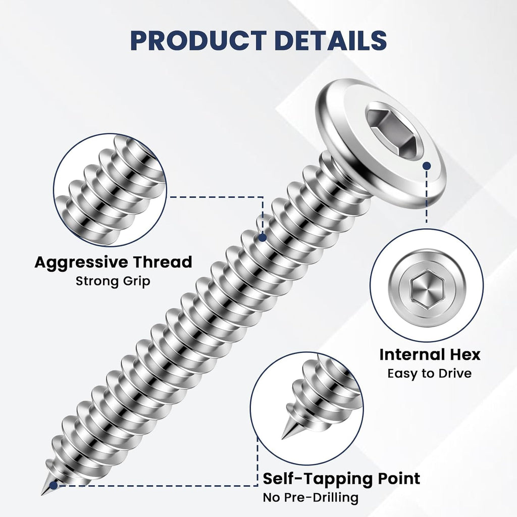 M6 x 45mm Self Tapping Screws, Flat Head Socket Cap, Silver, 20 PCS