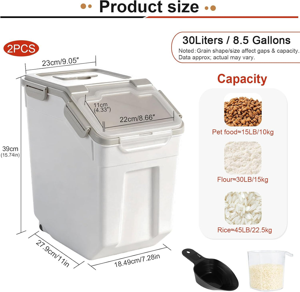 2 Pack 50lb Flour & Rice Storage Container, Rice Bucket (Grey)