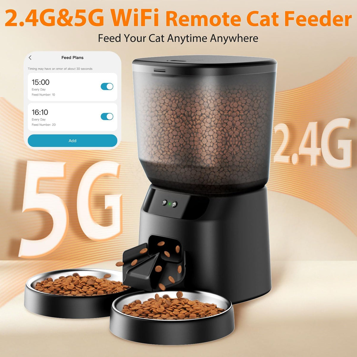 Automatic Cat Feeders WiFi for Two Cats, 5L/20 Cups Double Automatic Cat Food Dispenser with APP Control, 2 Stainless