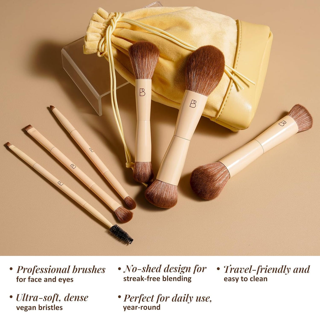 6Pcs Double-Ended Makeup Brushes Travel Kit with Bag