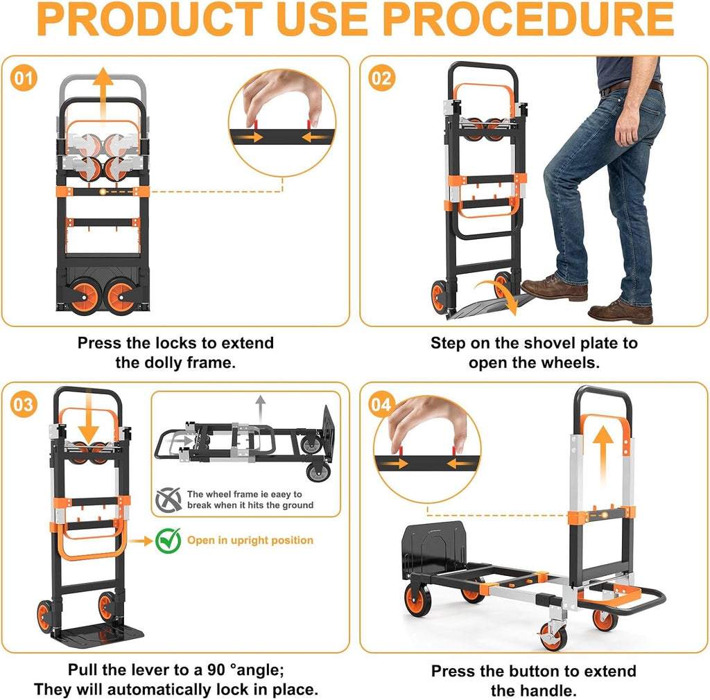 3-in-1 Folding Heavy Duty Hand Truck Dolly Cart Trolley with Wheels(Orange)
