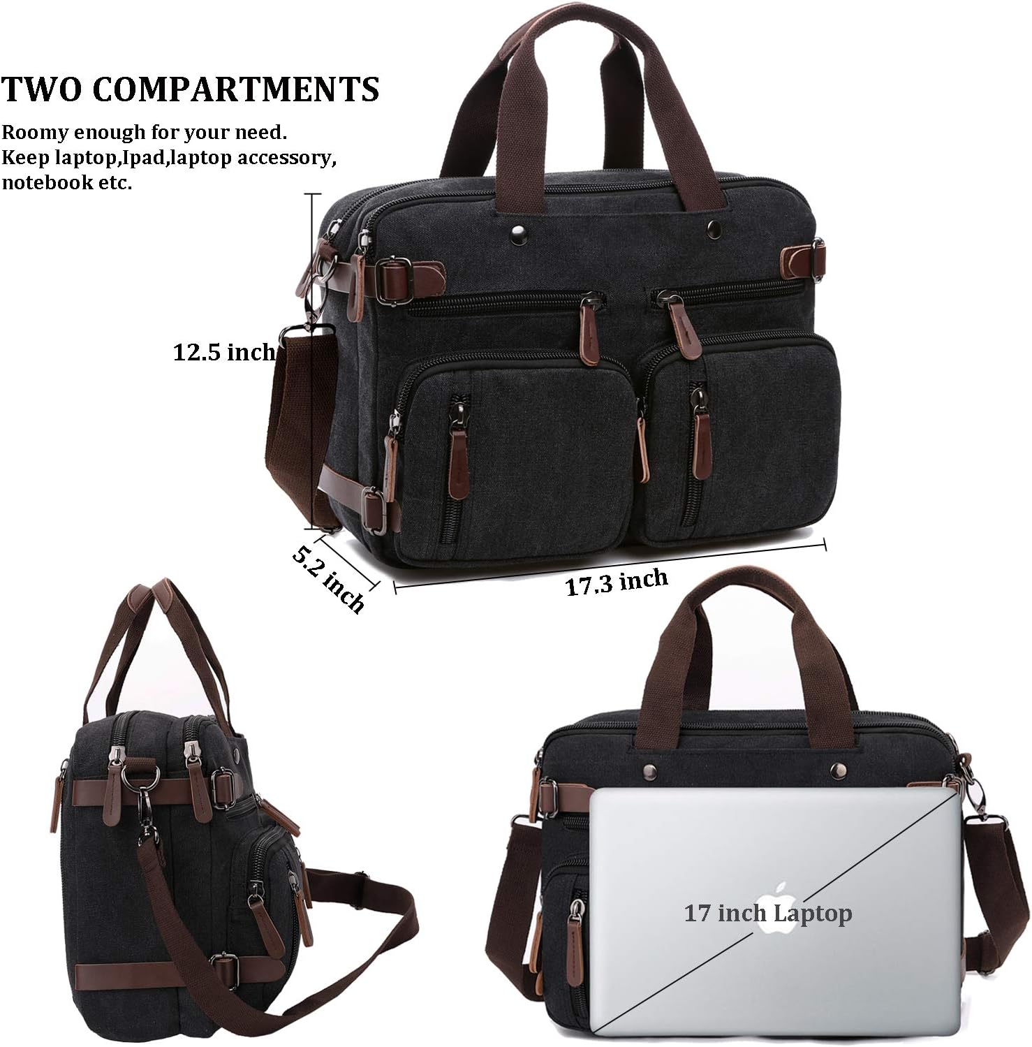 3 In 1 Canvas Convertible Laptop Bag for Men Women, 17.3 inch Laptop Messenger Bag Work Briefcase, Computer Shoulder