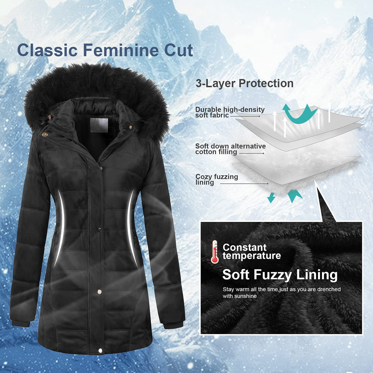 Women's Hooded Warm Winter Faux Fur Thicken Fleece Parkas Long Sherpa Coat M Black