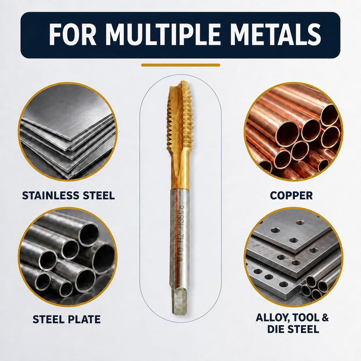 5Pcs Metric Spiral Point Taps Set, M35 Cobalt HSS, Titanium Coated