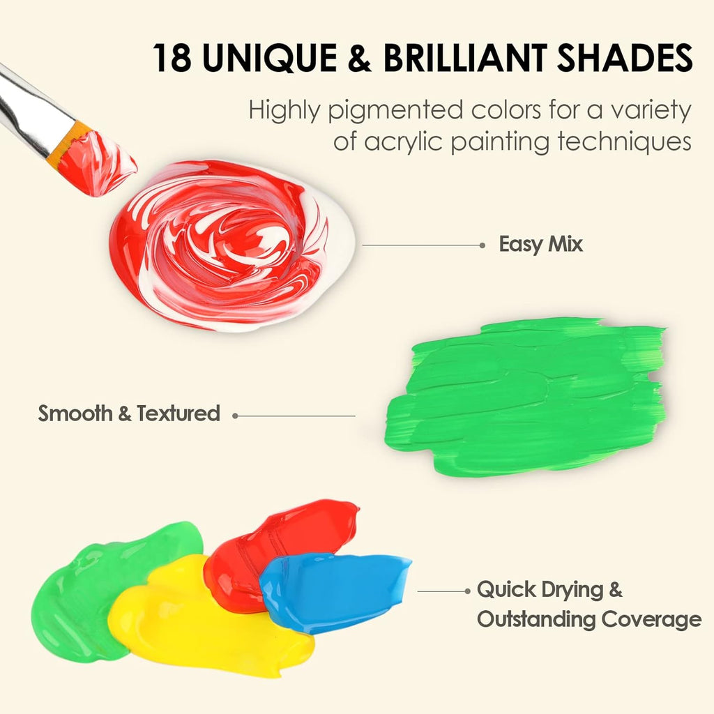 Acrylic Paint Set with 10 Brushes, 18 Colors Outdoor/Indoor (59ml, 2 oz) Art Craft Paint Non Toxic, Perfect for
