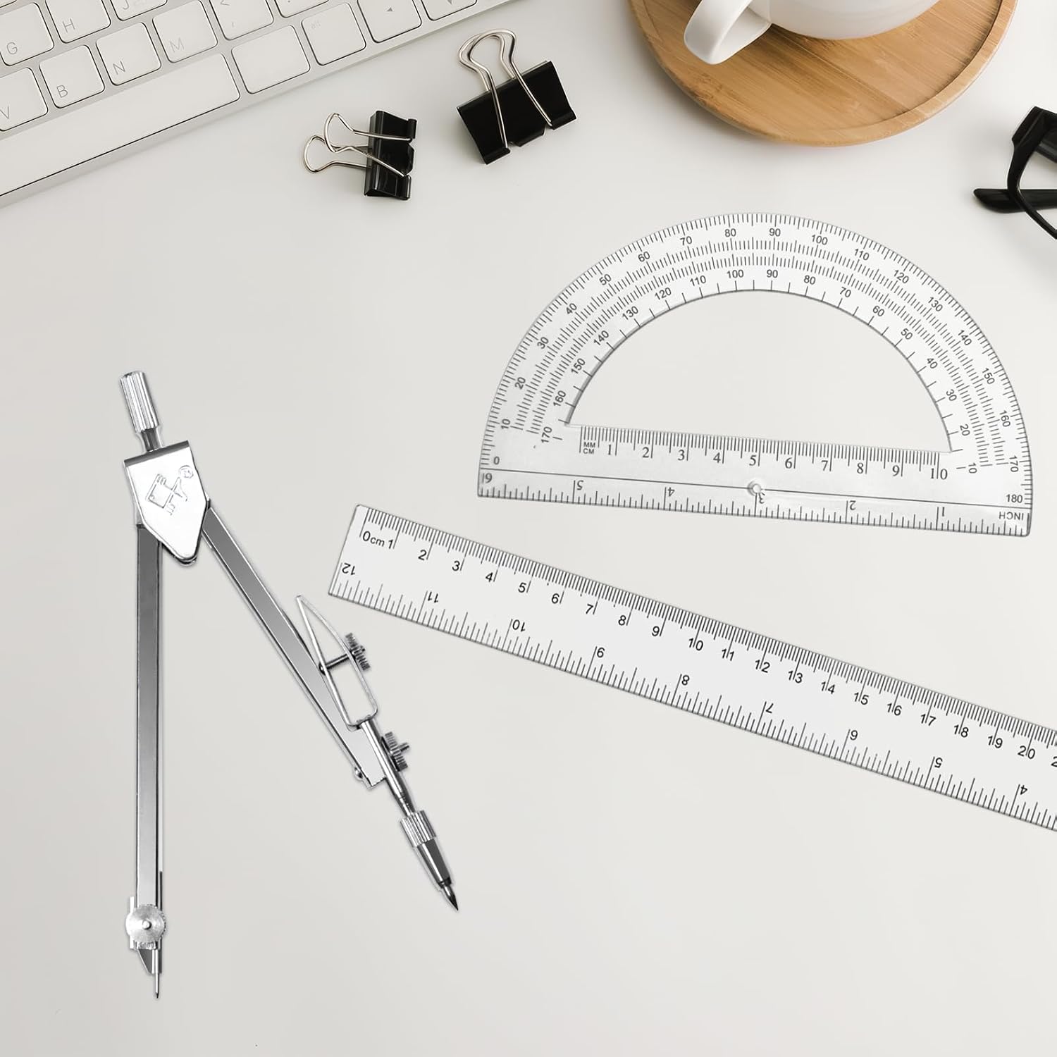 3 Packs Plastic 12 Inch Ruler,6 Inch Clear Protractor and Compasses Set Student Geometry Math Set for Classroom Set
