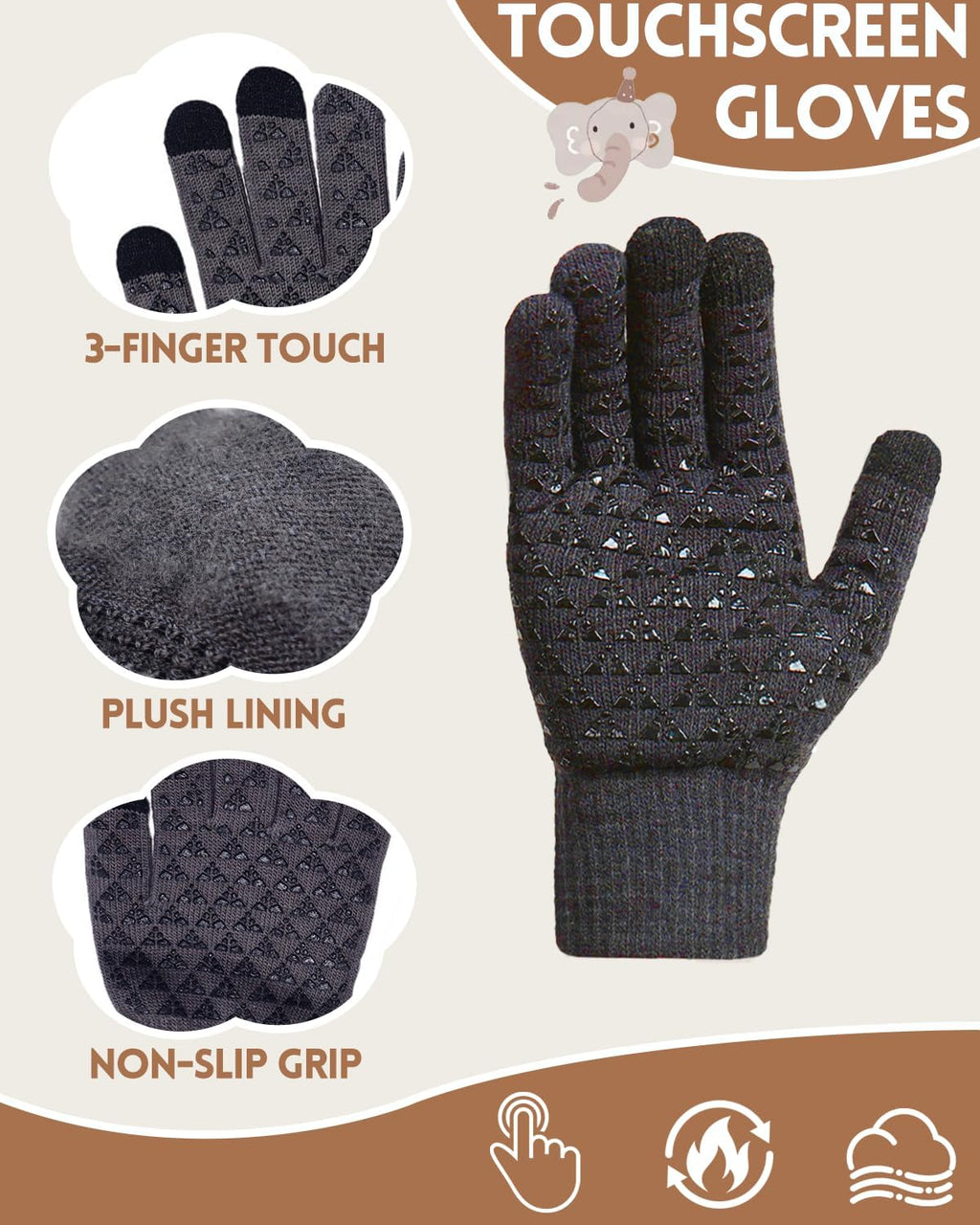 Kids Winter Beanie Hat Scarf Gloves Set 4-10Y, Knit Hat With Earmuffs Neck Gaiter Fleece Lined Touchscreen Gloves