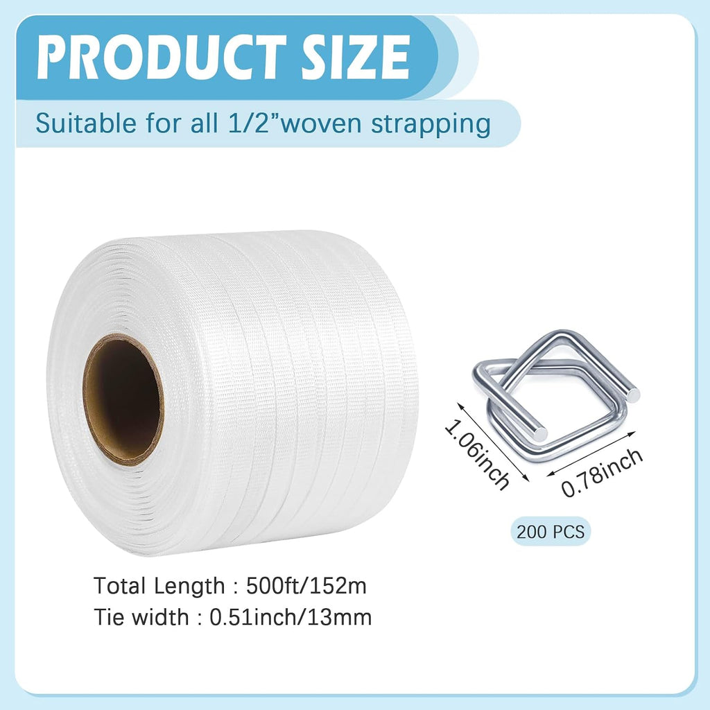 1/2" x 500' Woven Cord Strapping Kit with 200Pcs Metal Wire Buckles Havy Duty Woven Banding Packaging Strapping Rolls
