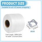 1/2" x 500' Woven Cord Strapping Kit with 200Pcs Metal Wire Buckles Havy Duty Woven Banding Packaging Strapping Rolls