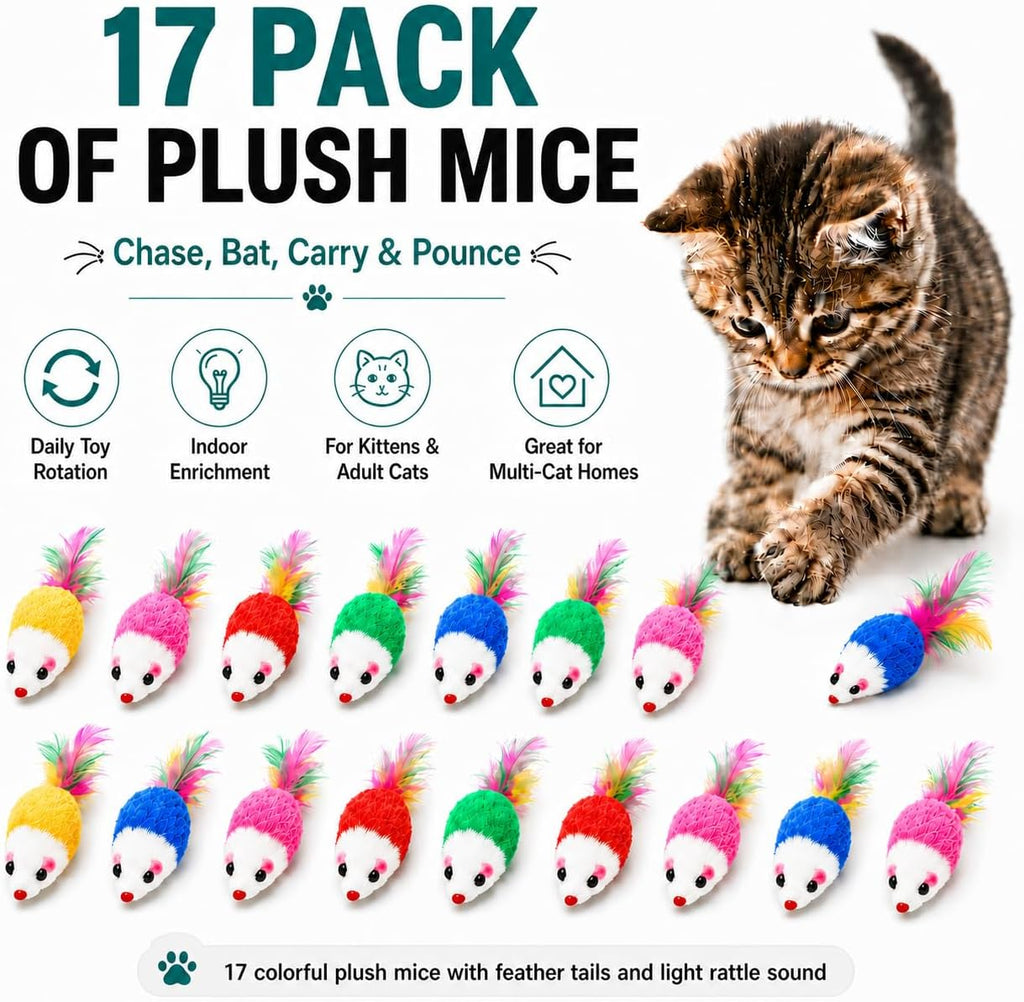 Cat Mouse Toys 17 Pack, Interactive Cat Toys for Indoor Cats, Catnip-Scented Plush Mice with Feather Tails & Rattle