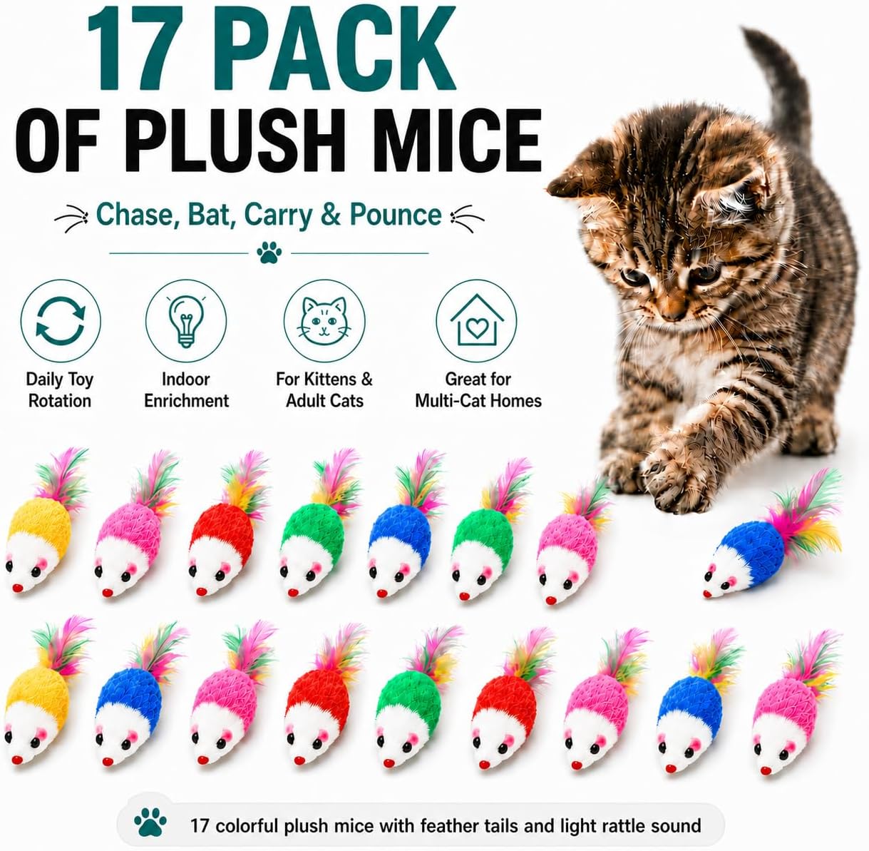 Cat Mouse Toys 17 Pack, Interactive Cat Toys for Indoor Cats, Catnip-Scented Plush Mice with Feather Tails & Rattle