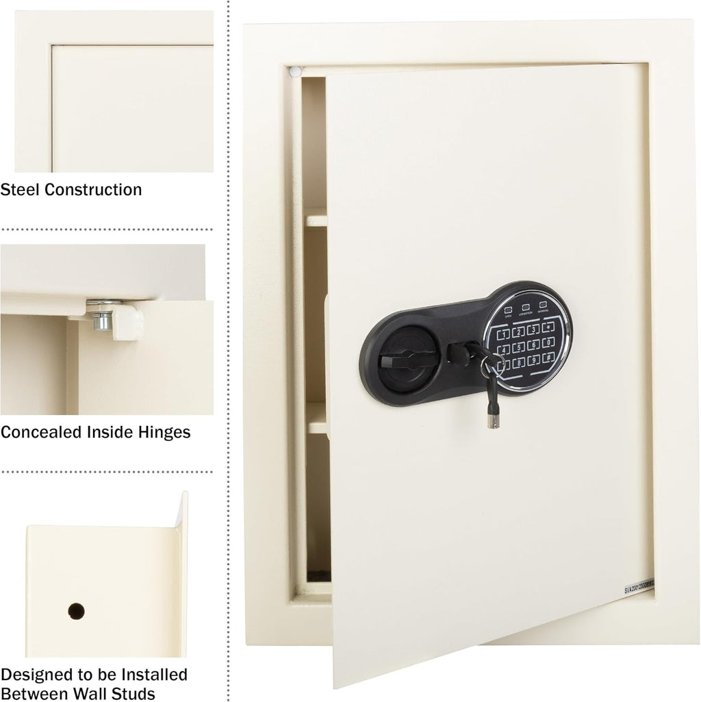 In-Wall Safe - Home or Business Safe with Keypad and 2 Manual Override Keys - Protects Cash, Jewelry, Passports, and
