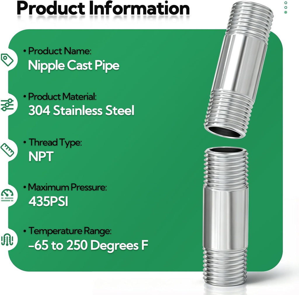 TAISHER 4Pcs 304 SS Nipple Cast Pipe Fitting, 1/2" NPT Male, 2" Length
