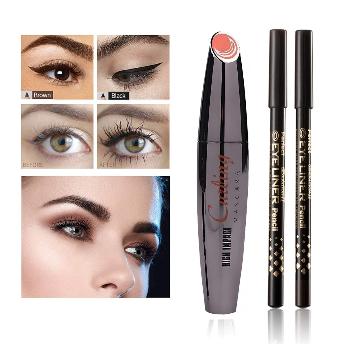 Mascara Eye Liner Eye Makeup Set Waterproof Liquid Eye Liner Stamp Mascara Black volume and length Eyelash Quick