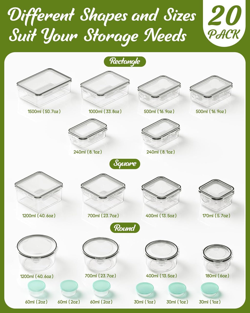 40 Piece Food Storage Containers with Lids(20 Containers & 20 Lids), BPA-Free Plastic Food Containers for Kitchen