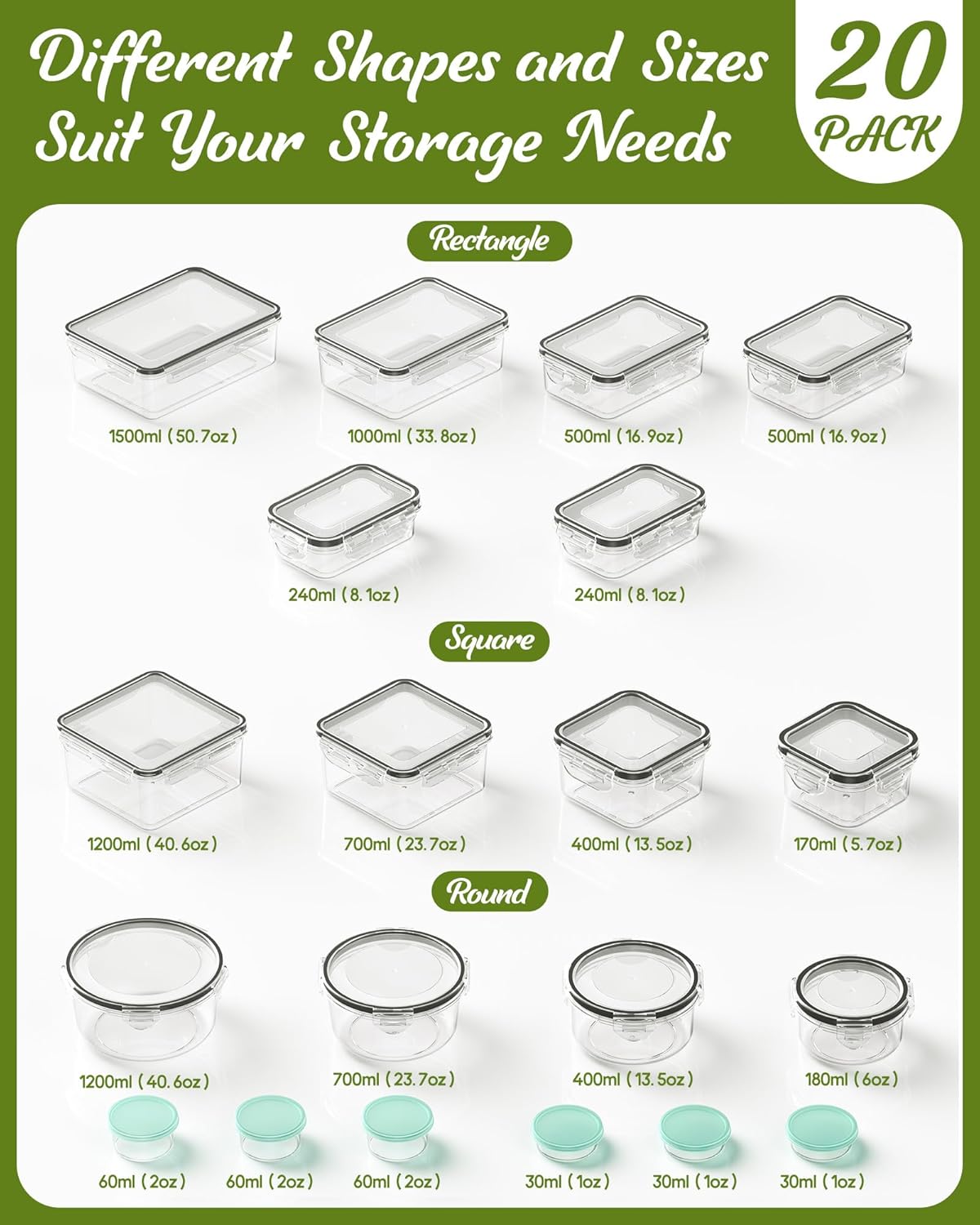 40 Piece Food Storage Containers with Lids(20 Containers & 20 Lids), BPA-Free Plastic Food Containers for Kitchen